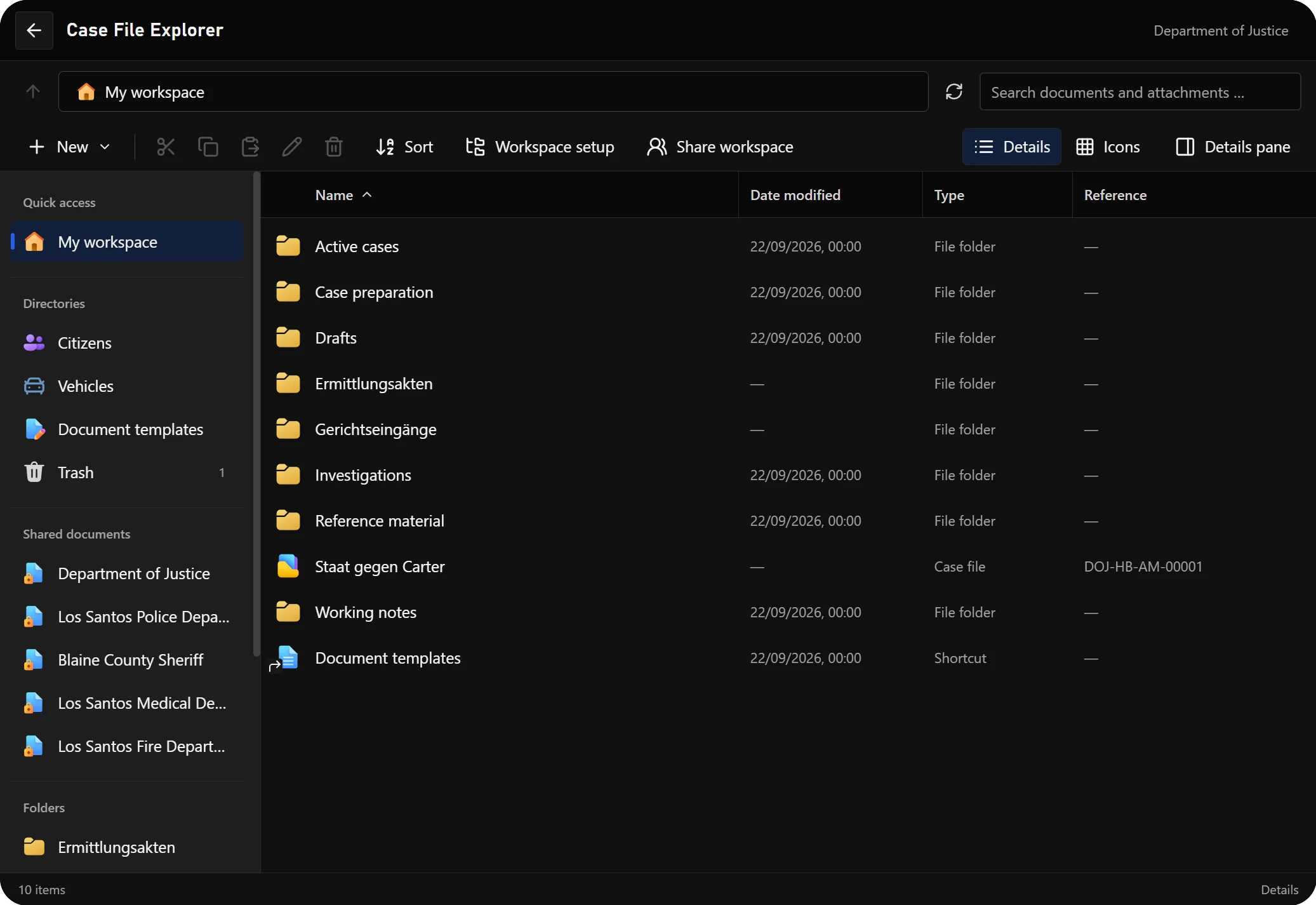 DOJ File Explorer showing the case workspace